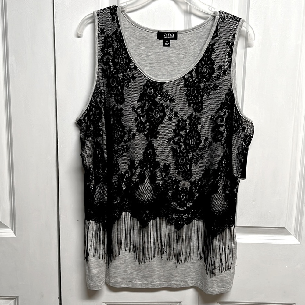 A.N.A Black Gray Moonbeam Layered Tassel Sleeveless Top Size XL NWT
